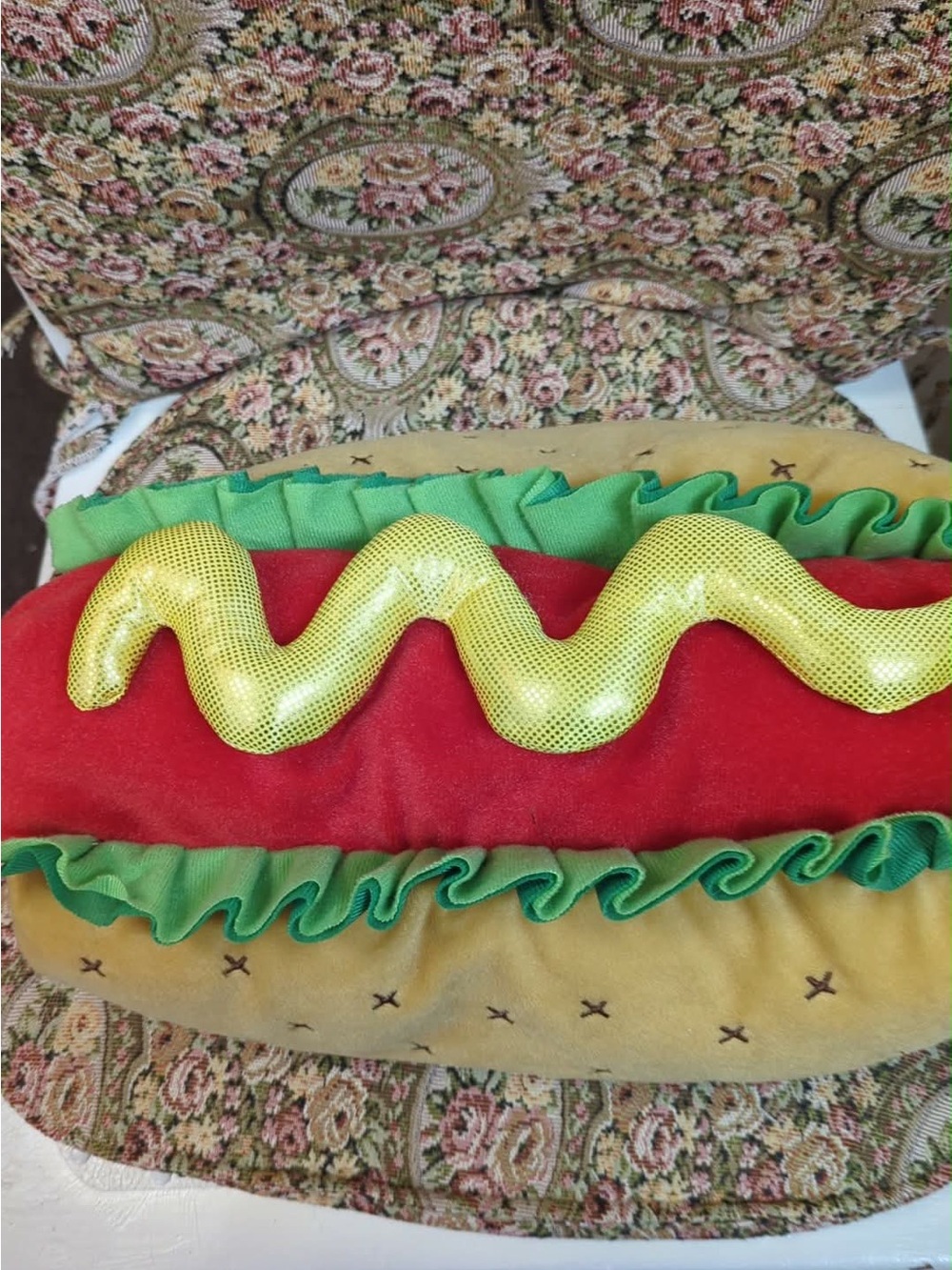 Hot dog costume for a small dog.